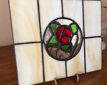 1920s Style Rose Stained Glass Panel | Small Floral Window Hanging | Handmade Glass Art