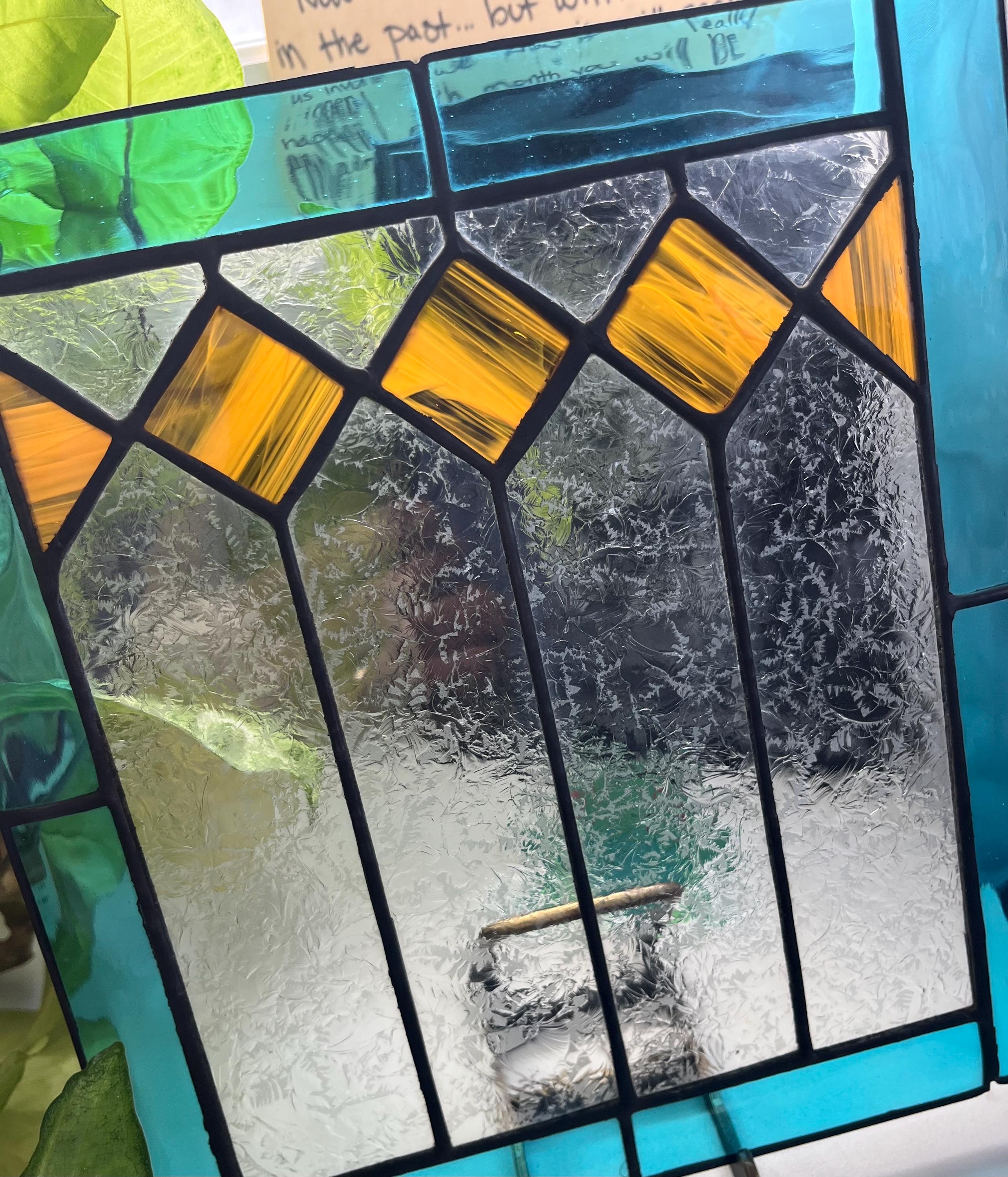 Stained Glass Window Hanging With Amber Diamonds Surrounded by an Aqua ...