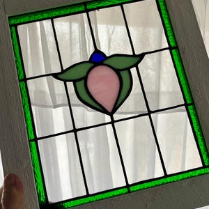 Vintage stained glass window panel framed 14 x 12 - reconstructed.