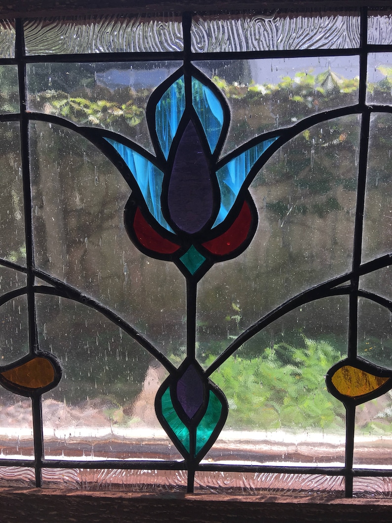Vintage style Victorian stained glass window panel wood framed Etsy