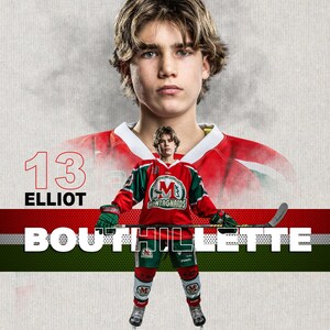 Könnte beinhalten: Werbebild eines Eishockeyspielers in einem rot-grün-weißen Trikot mit dem Namen "BOUTHILLETTE" und der Nummer "13". Das Bild enthält den Text "ELLIOT" und Teamlogos mit den Jahren "2025" und "2026".