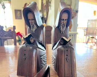 Vintage Wood Carved Monk Book Ends ~ Book ends for office or book shelf ~ Two Wooden Monks Reading Book ends ~ Unique Book Ends ~ 8" Tall