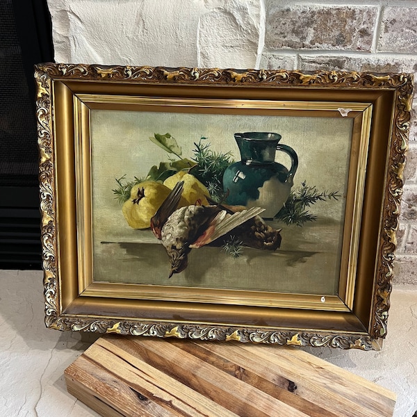 Oil painting 1868 still life Theodor Lichtenberd, Poland Breslau 1868, painting XIX century, oil painting birds vase ~ Vintage wood frame