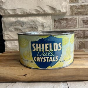 Vintage Shields Date Crystals Tin - 3 Ibs - Indio, California - Mid-Century Grocery Advertising Can 7.5&quot; wide, 4&quot; tall