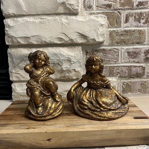Two Gold Cherub Figurines | Antique-Style Angel Statue | Shabby Chic Home Decor | Victorian Girl Figurines