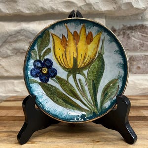 Italian Pottery Trinket Dish: Hand-Painted Yellow Flower, Gold Trim (5x5)