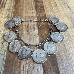 Coin Bracelet ~ American US Mint Dime Sterling Silver Pendant Charm Bracelet ~ Dates Range from 1931 to 1941
