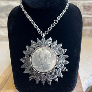 1776-1976 Bicentennial Eisenhower Silver One Dollar Mint D Coin Pendant Necklace ~ Coin is Set in a Flower or starburst design Medallion.