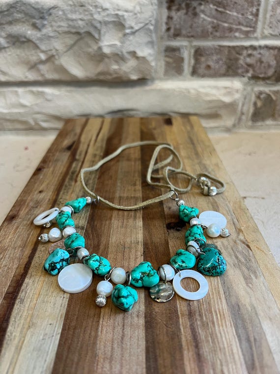 Boho Turquoise Statement Necklace: Mother of Pear… - image 6