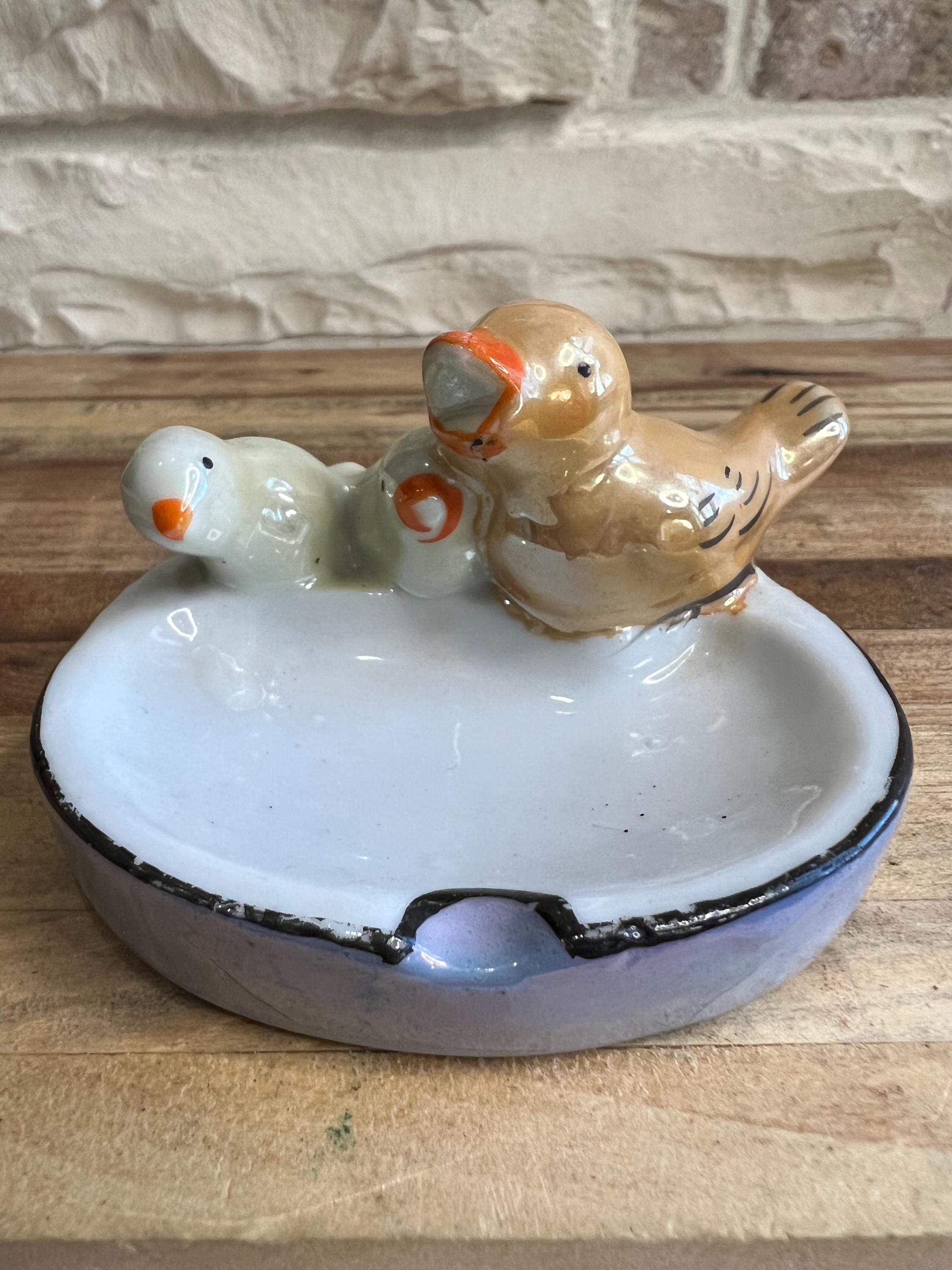 Vintage Japanese Ceramic Ashtray Set - Bird and Elephant Designs