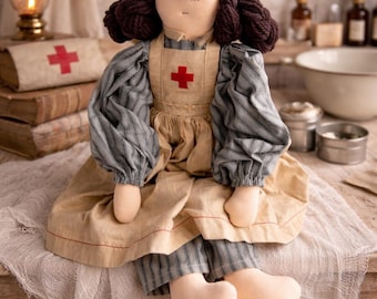 Handmade Red Cross Nurse Folk Art Doll, Americana Shelf Sitter Fabric Decor