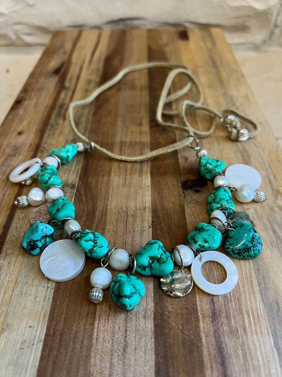 Boho Turquoise Statement Necklace: Mother of Pear… - image 7