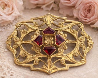Antique Gold Filigree Brooch Red Glass Stones | Victorian Revival Statement Pin