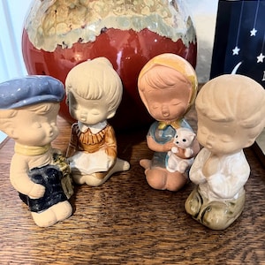 Scandinavian pottery figurine - Set of four, Two Boys and Two Girls ~ Scandinavian ceramic ~ Vintage Scandinavian pottery ~ Ceramic Art Doll