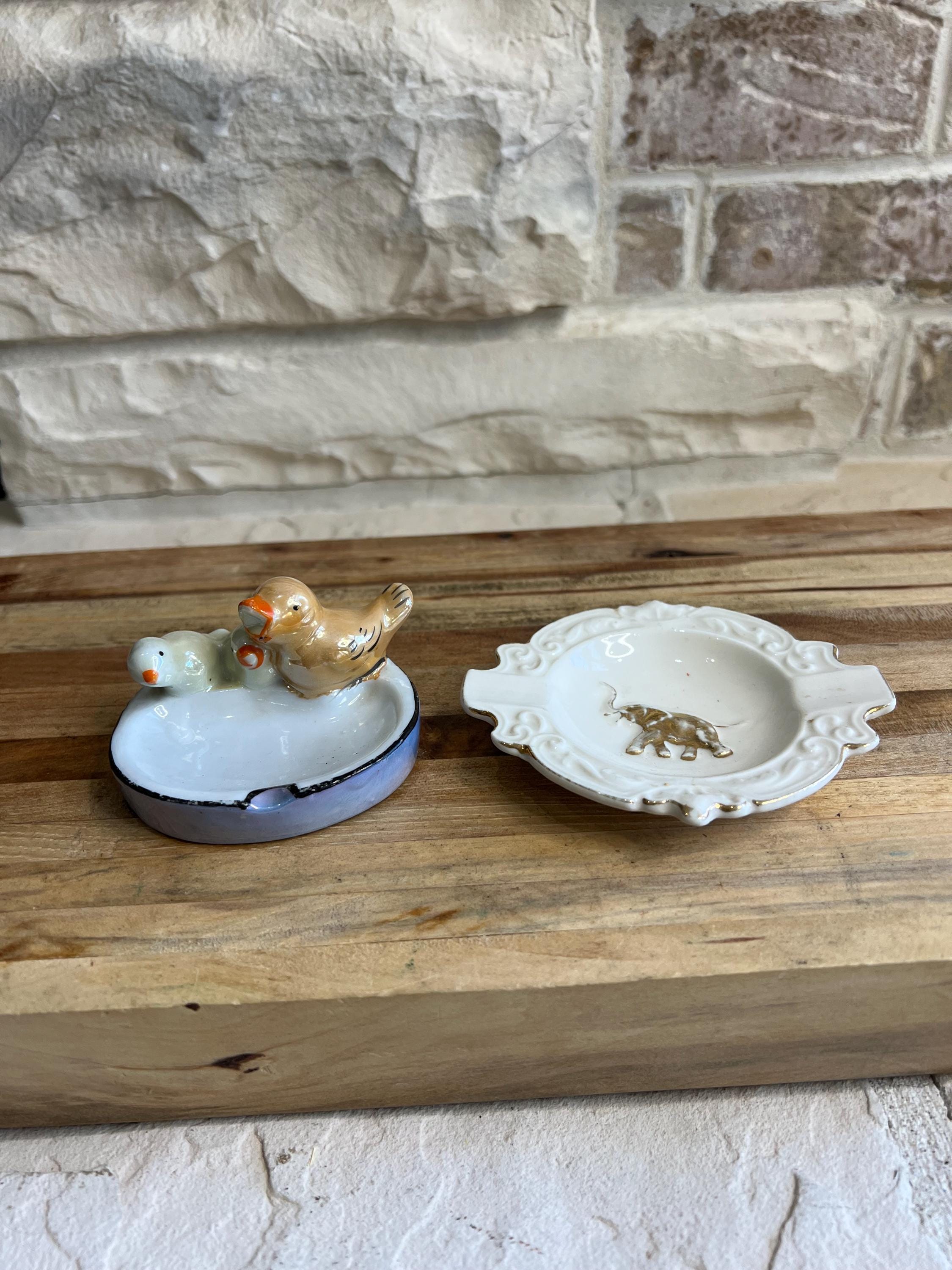 Vintage Japanese Ceramic Ashtray Set - Bird and Elephant Designs