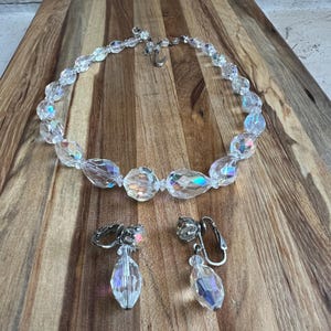 Vintage Beaded Aurora Borealis Stone Single Strand Necklace and Earrings 1950s Jewelery, Bridal Cocktail Wedding, Rainbow Crystal AB Glass