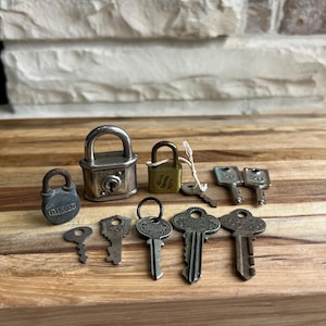 Vintage Padlock & Key Lot - Antique Bison Lock, Brass Initial Lock, GES Lock, Skeleton Keys, Steampunk Decor