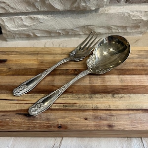Set of serving spoon and fork ~ Rogers Nickel Silver 9&quot; Long