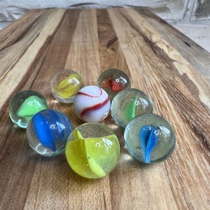 Set of 8 Vintage Marbles ~ Glass Cats Eye Marbles ~ Four point Ribbon Marbles ~ Unique Glass School Yard Marbles