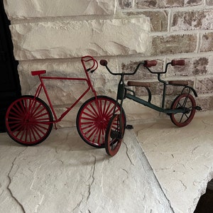 Set of Two Metal Bicycles ~ One Retro Red Metal Bike and One Retro Tandem Model Bicycle Built for Two ~