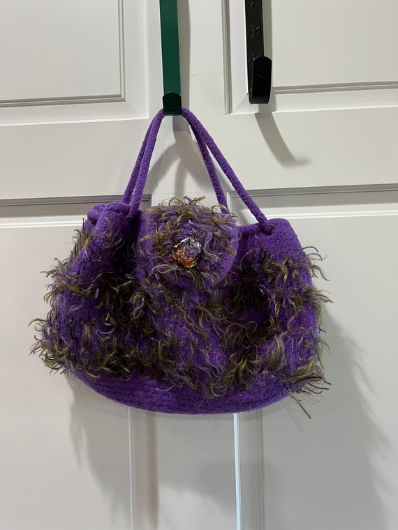 Purple Knitted Handbag Eyelash Yarn ~ Vintage hand