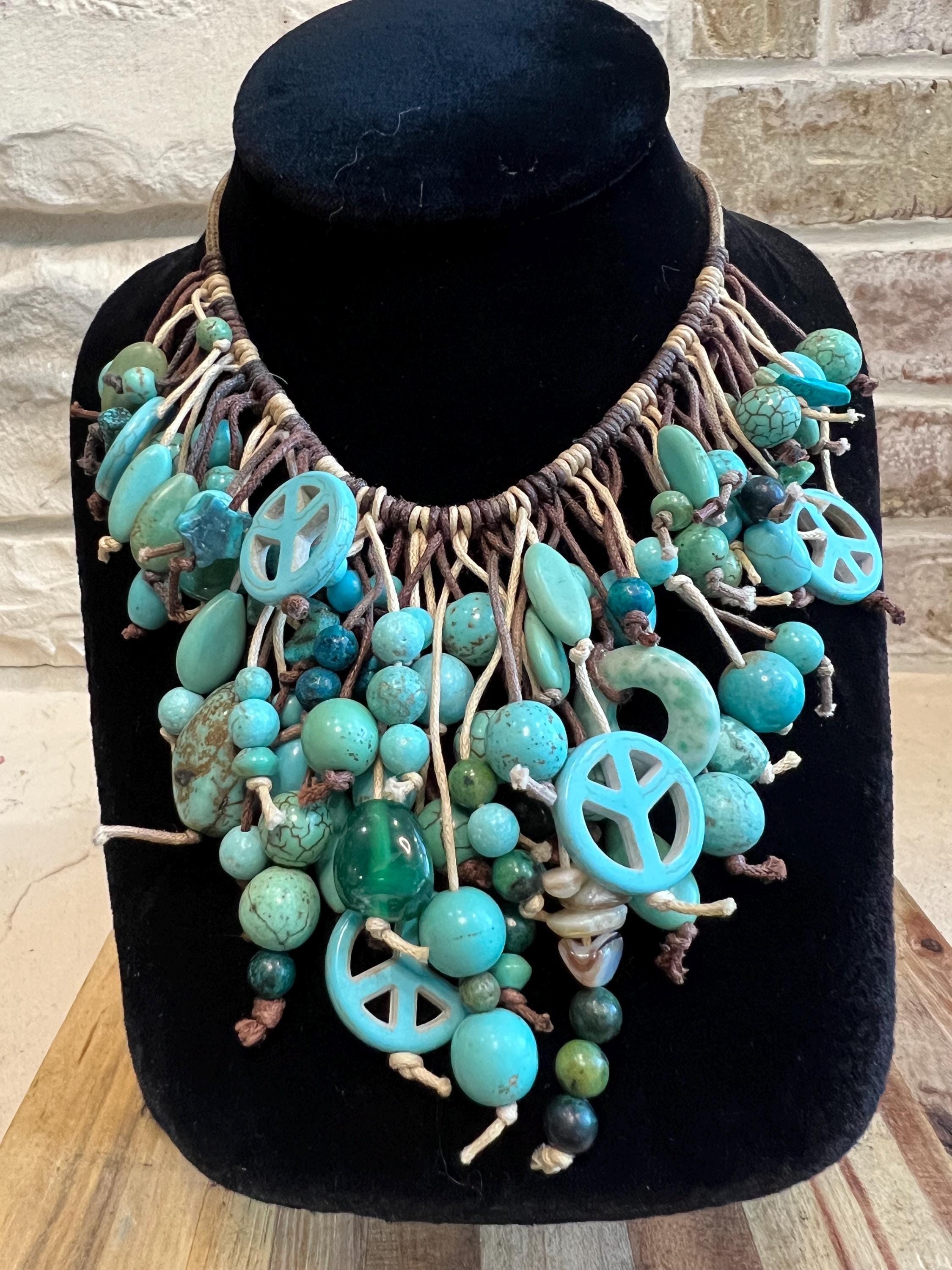 Boho Necklace Boho Wood Bead Long Necklace With Peace Sign, Turquoise & Cotton Tassels - Vintage Style Women's Jewelry Turquoise And Wood Beads
