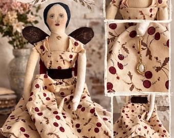 Antique Handmade Angel Doll, Primitive Folk Art Berry Print Dress Shelf Sitter