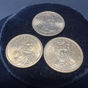 Set of 3 U.S.One Dollar Coins - 2000 Sacagawea, Abraham Lincoln, James Garfield - Modern Golden Dollar Trio - Historical Collectible
