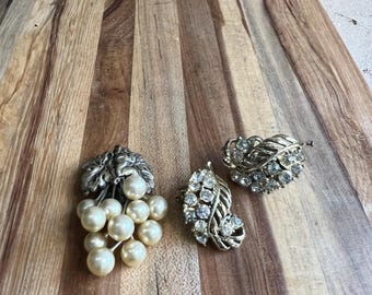 Vintage Jewelry Lot - Rhinestone Leaf Clip-On Earrings & Faux Pearl Grape Cluster Brooch