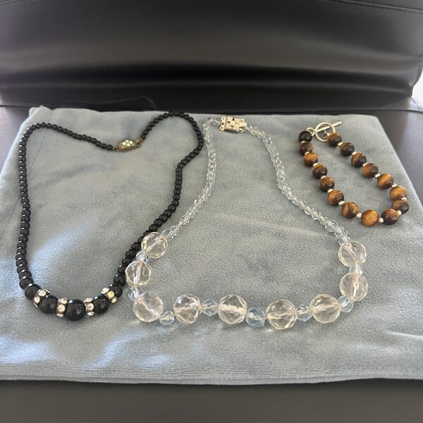 Three Vintage beaded Necklaces for sale ~ Black and Rhinestone Necklace ~ Clear Crystal Beaded Necklace ~ Tigers Eye Bracelet ~ Jewlery Sale