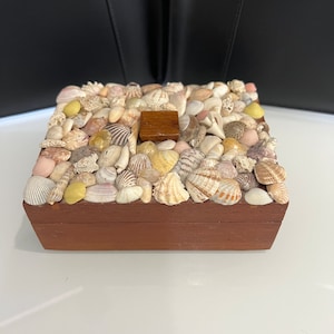Sea Shell Wooden Jewelry Box ~ Vintage Handmade Wooden Sea Shell Box ~ Seashell Art Box ~ Encrusted Sea Shell Wooden Box