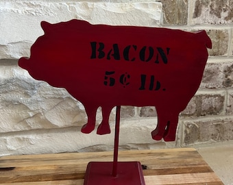 Wooden pig sign ~ Cute Red Wooden Pig on Stand ~ Farmhouse country kitchen decor ~ pig advertisement Bacon five cent ~ Vintage wood pig