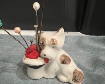 Vintage Mini Dog Pin Cushions ~ Ceramic Pin Cushion ~ Pin Cushion With Pins ~ Pin Cushion for Collectors