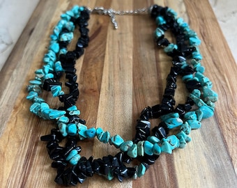 Layered Turquoise Black Onyx Chip Necklace, Southwestern Boho Statement Jewelry
