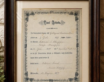 1899 German Certificate ~ Victorian era paper Milwaukee Church Document - Handwritten Taufschein - Religious Ephemera