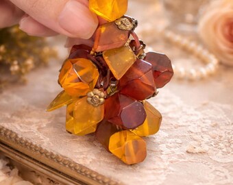 Vintage Amber Glass Cluster Brooch, Mid Century Butterscotch Statement Pin