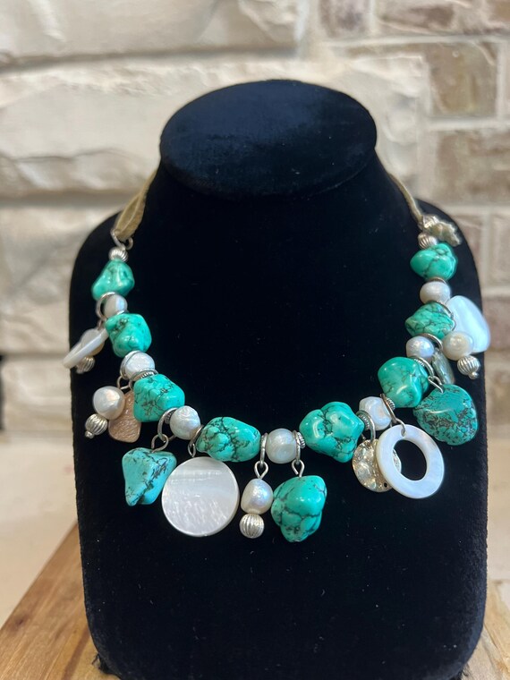 Boho Turquoise Statement Necklace: Mother of Pear… - image 2