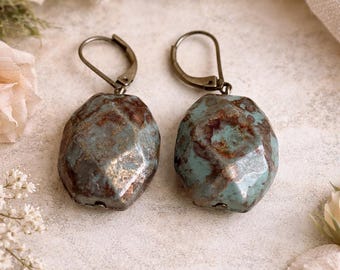 Vintage Marbled Turquoise Blue Brown Drop Earrings, Rustic Southwestern Boho Dangle (Leverback)
