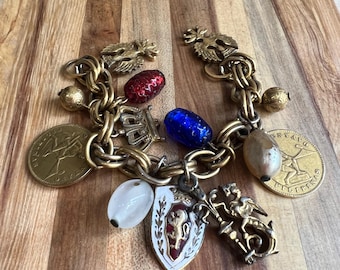 Vintage Charm Bracelet: Mid-Century Gold Tone, Philippine Coins, Travel Souvenir