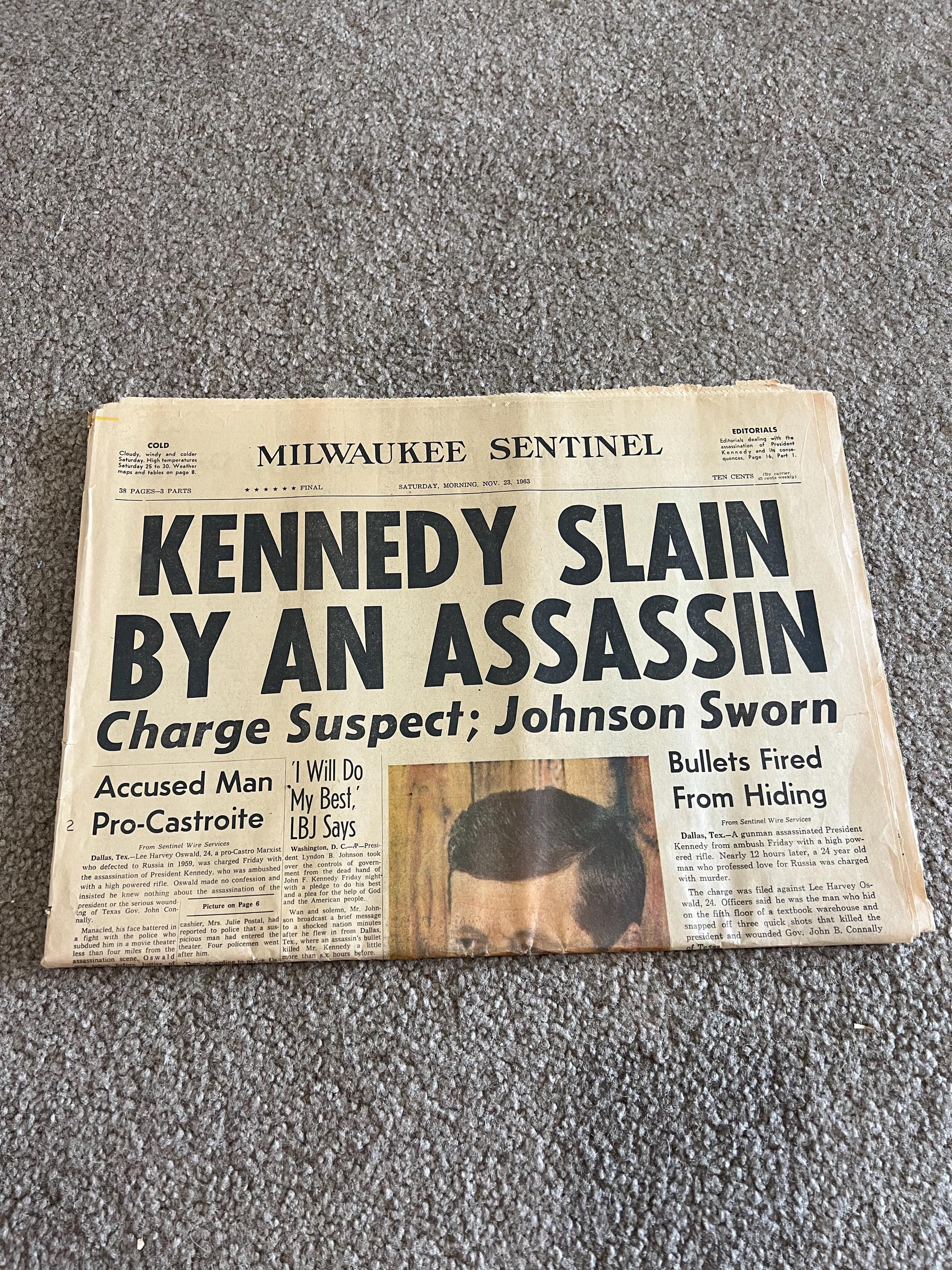 Vintage 1963 Authentic Milwaukee Sentinel Newspaper - John F