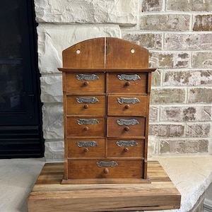 Vintage Wooden Spice Cabinet - Rustic Apothecary Box with Labeled Drawers ~ Farmhouse Kitchen Decor