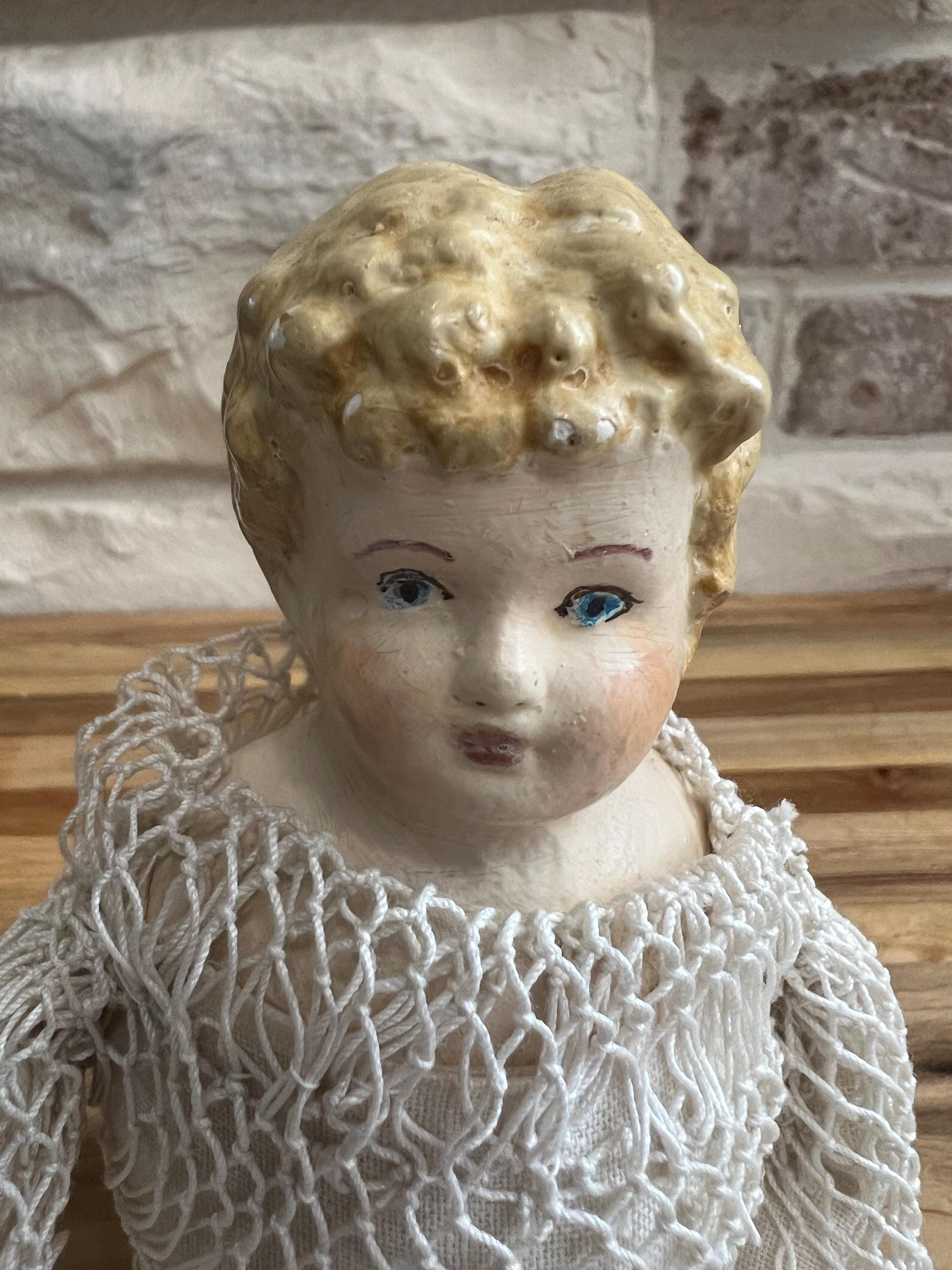 Porcelain Bisque Doll: Hand-painted Face, Lace Gown, Collectible