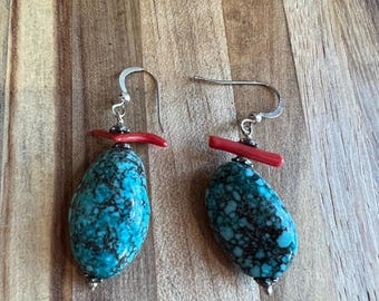 Vintage Turquoise Coral Dangle Earrings, Southwestern Sterling Silver Hooks, Boho Western Style