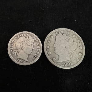 1909 Liberty &quot;V&quot; Nickel & 1912 Barber Dime - Antique U.S. Coin Set - 90% Silver and Copper-Nickel - Early 1900s Collectible Coins