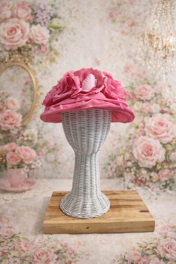 Vintage 1950s Pink Eva Mae Modes Floral Hat - Wide Brim Chiffon Garden Party Hat