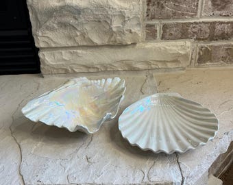 Vintage Iridescent Ceramic Shell Dishes, Coastal Beach Decor Ring Holder Set