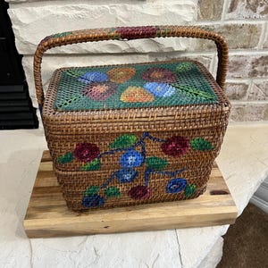 Vintage Hand-Painted Wicker Basket with Handle