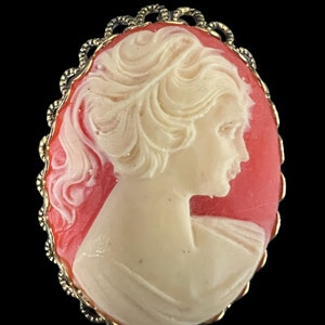 Celluloid Gold Tone Cameo Brooch ~ Vintage brooch for sale. Rare Find!