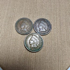 Set of 3 Indian Head Pennies - 1906, 1907, 1909 - Vintage U.S. One Cent Coins