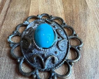 Vintage Turquoise Ornate Filigree Brooch, Boho Southwestern Statement Jewelry